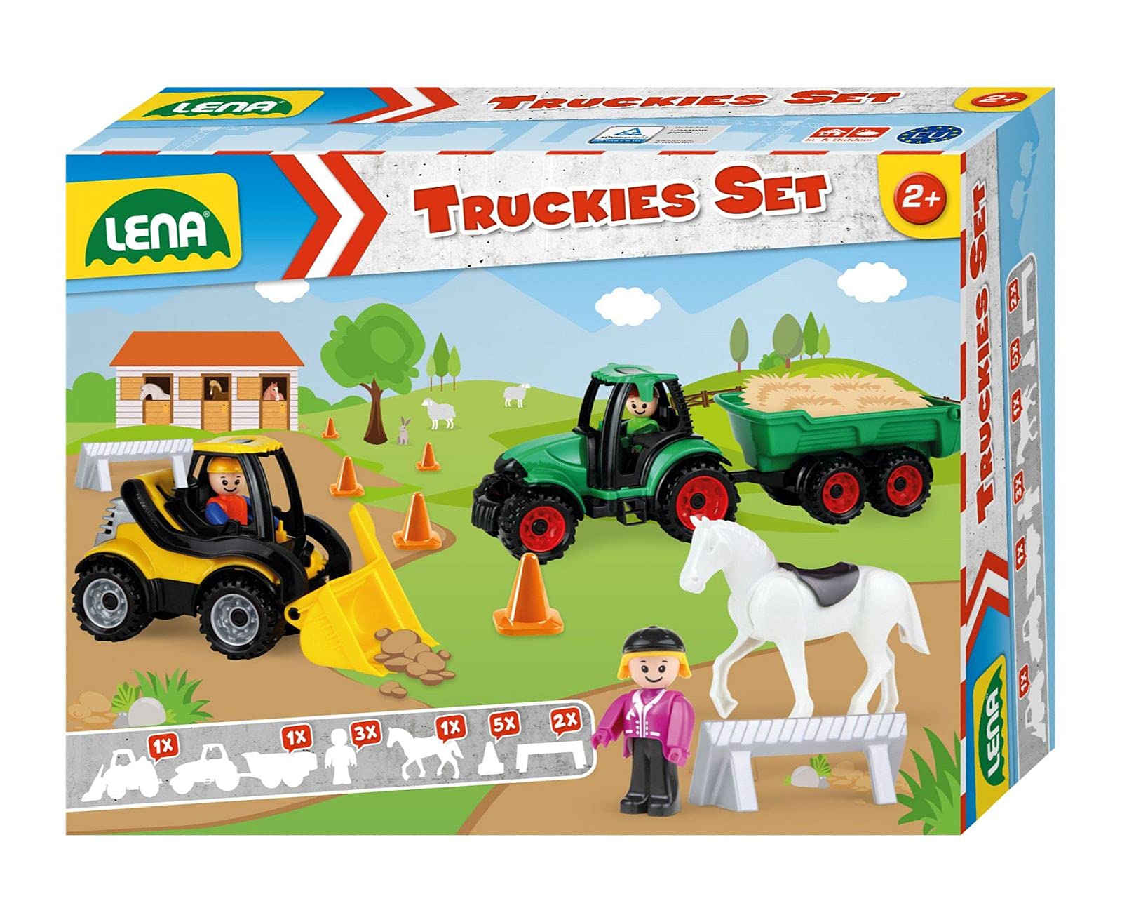 Lena 01632 Truckies 13 Pieces Contents: Tractor with Trailer 36 cm, Wheel Loader Approx. 21 cm, 3 Toy Figures, 1 Horse, 2 Barks & 5 Pylons, Commercial Vehicles & Figures for Children from 2 Years,