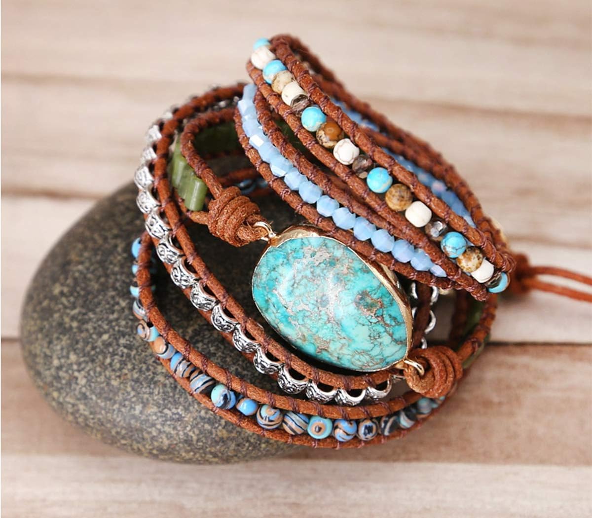 Starto 5 Wrap Bracelet Handmade Natural Stone Jasper Druzy Leather Boho Bracelets Jewelry (Green Opal): Clothing