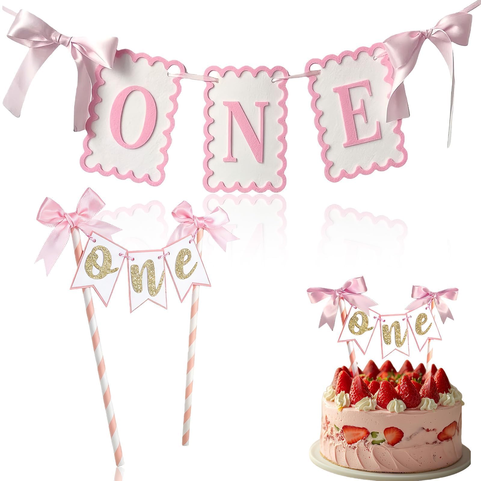 2 Pcs First Birthday Decorations Girl, 1st Birthday Decorations for Girls Include One Cake Topper And 1 Banner BIrthday Decoration for Girlss Suitable for Party Celebrate Supplies