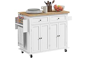 HOMCOM Kitchen Island Cart with Rubber Wood Top, Rolling Kitchen Island Table on Wheels with Drawers, Adjustable Shelves, Spice Rack and Towel Rack for Dining Room, Distressed White