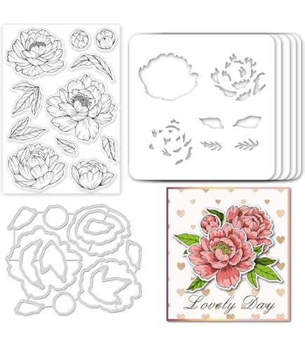 GLOBLELAND 7 Pz Fiore Di Peonia A Tema Silicone Timbri Trasparenti Taglio Dei Metalli Die Cut Pet Craft Stencil Modello Per La Fabbricazione Della Carta E Fai Da Te Goffratura Scrapbooking