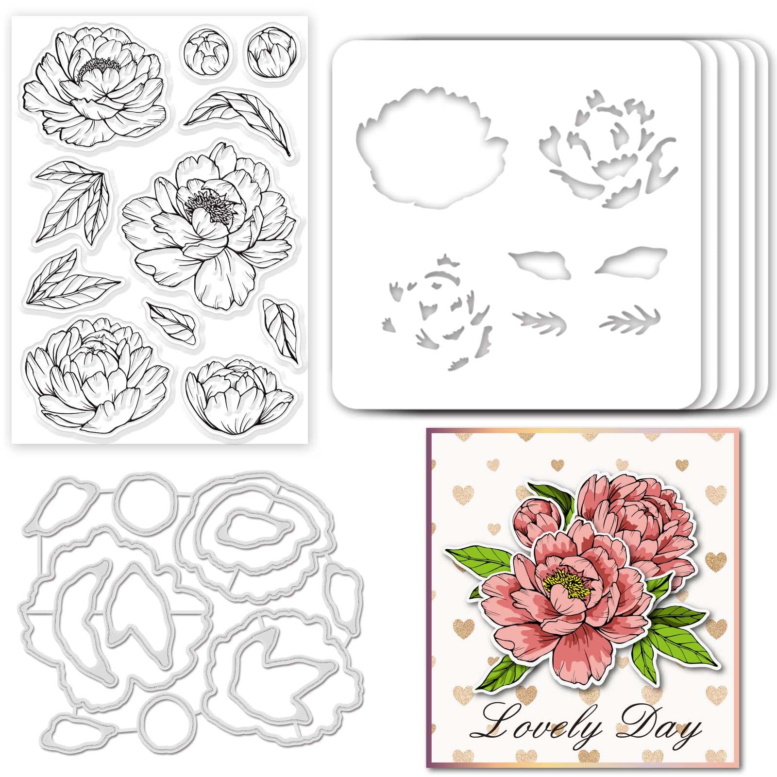 GLOBLELAND Peony Flower Theme Silicone Clear Stamps Metal Cutting Die Cuts Pet Craft Stencils Template for Card Making and DIY Embossing Scrapbooking Craft Decor