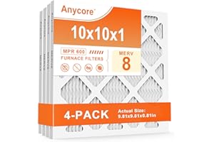 Anycore 10x10x1 Furnace Air Filter MERV 8 MPR 600 FPR 5 HVAC Pleated Filters for Home Office 4-Pack (Actual Size: 9.81x9.81x0.81 inch)