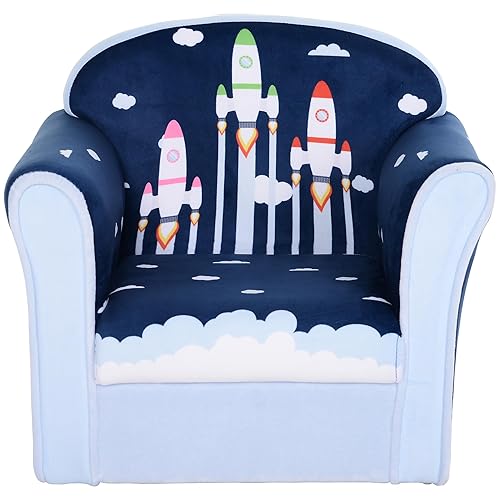 HOMCOM Children's Armchair Flannel Kids Sofa Tub Chair Cartoon Rocket Pattern Wooden Frame Bedroom Playroom Seater Blue