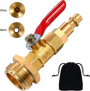 Hotop Winterize Blowout Adapter with 1/4 Inch Male Quick Connecting Plug and 3/4 Inch Male GHT Thread, Brass Made Winterizing Quick Adapter with Ball Valve, Easy Blow Out Water to Winterize