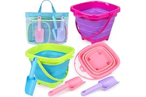 TSDATOWR Collapsible Beach Buckets for Kids, Foldable Sand Buckets and Shovels with Mesh Bag, Silicone Sand Pails Travel Beach Toys for Toddlers Easter Egg Hunt, Camping and Fishing Water Pail