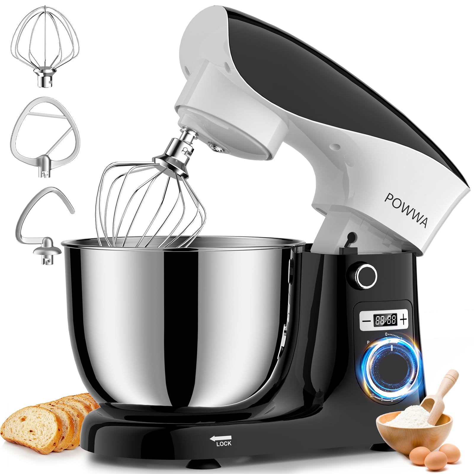 Photo 1 of Stand Mixer, POWWA 6.5 QT 10 Speeds Tilt-Head Electric Stand Mixer, 3-In-1 Kitchen Mixer with Bowl, Dough Hook, Whisk and Beater, Food Mixer for Baking and Daily Use (Black White)