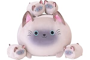 SQEQE Siamese Cat Plush, Cute Siamese Cat Stuffed Animals Mommy with 4 Squishy Kitties in Her Tummy, Soft Plushies Pillow Gif