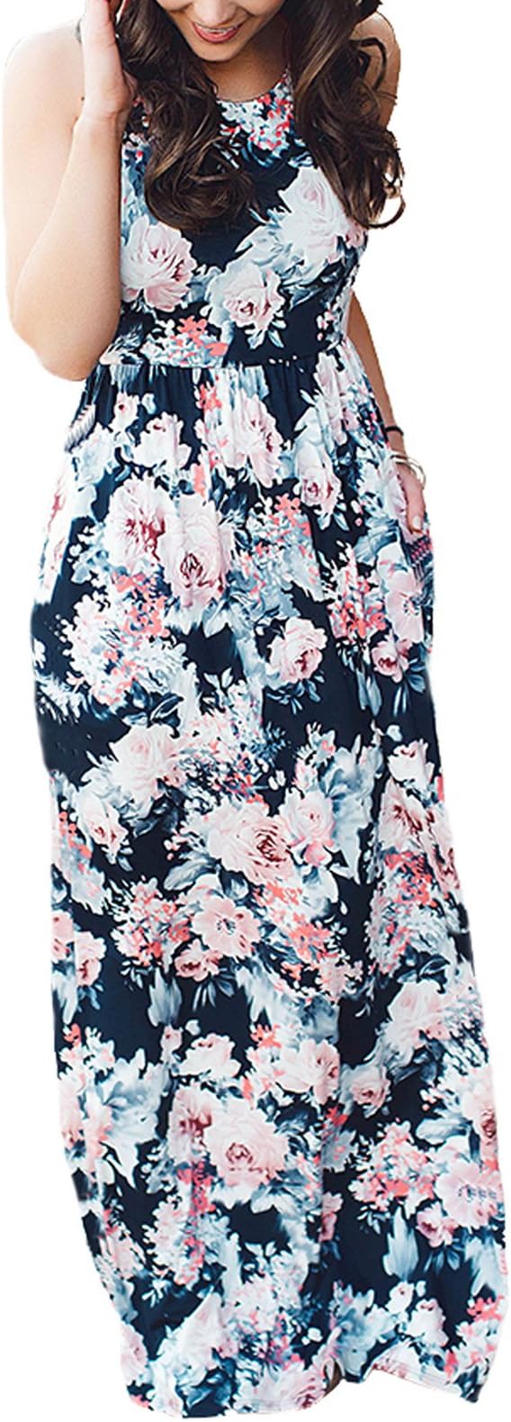 Women's Short Sleeve Plain Maxi Dress Summer Casual Loose Long Dresses with Pockets S-2XL