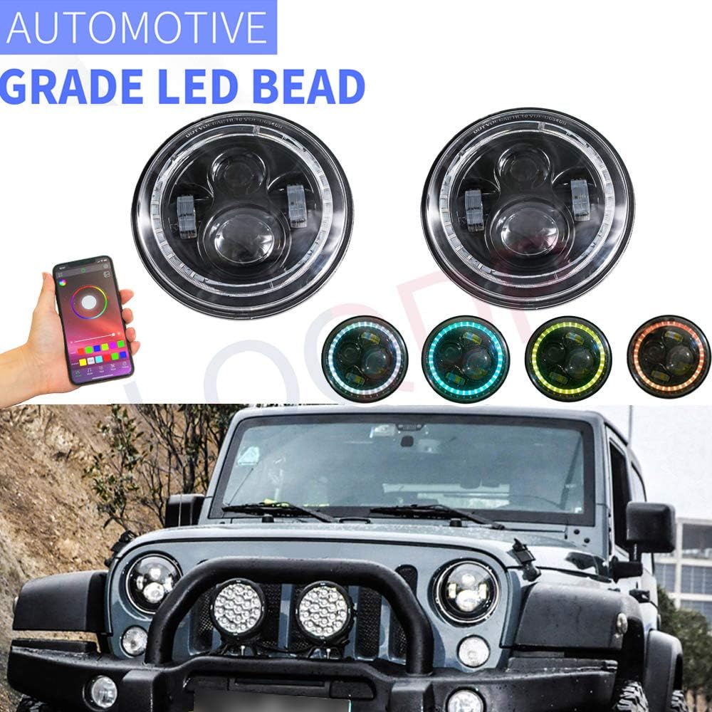 LQQDP 2pcs 7" Round H6024/H6017/6015/6014/6012 Conversion Kit RGB Multi Color DRL Amber Turn Signal White High/Low Beam LED Halo Angel Eye Projector Headlights Assembly+Bluetooth Controller+Canbus