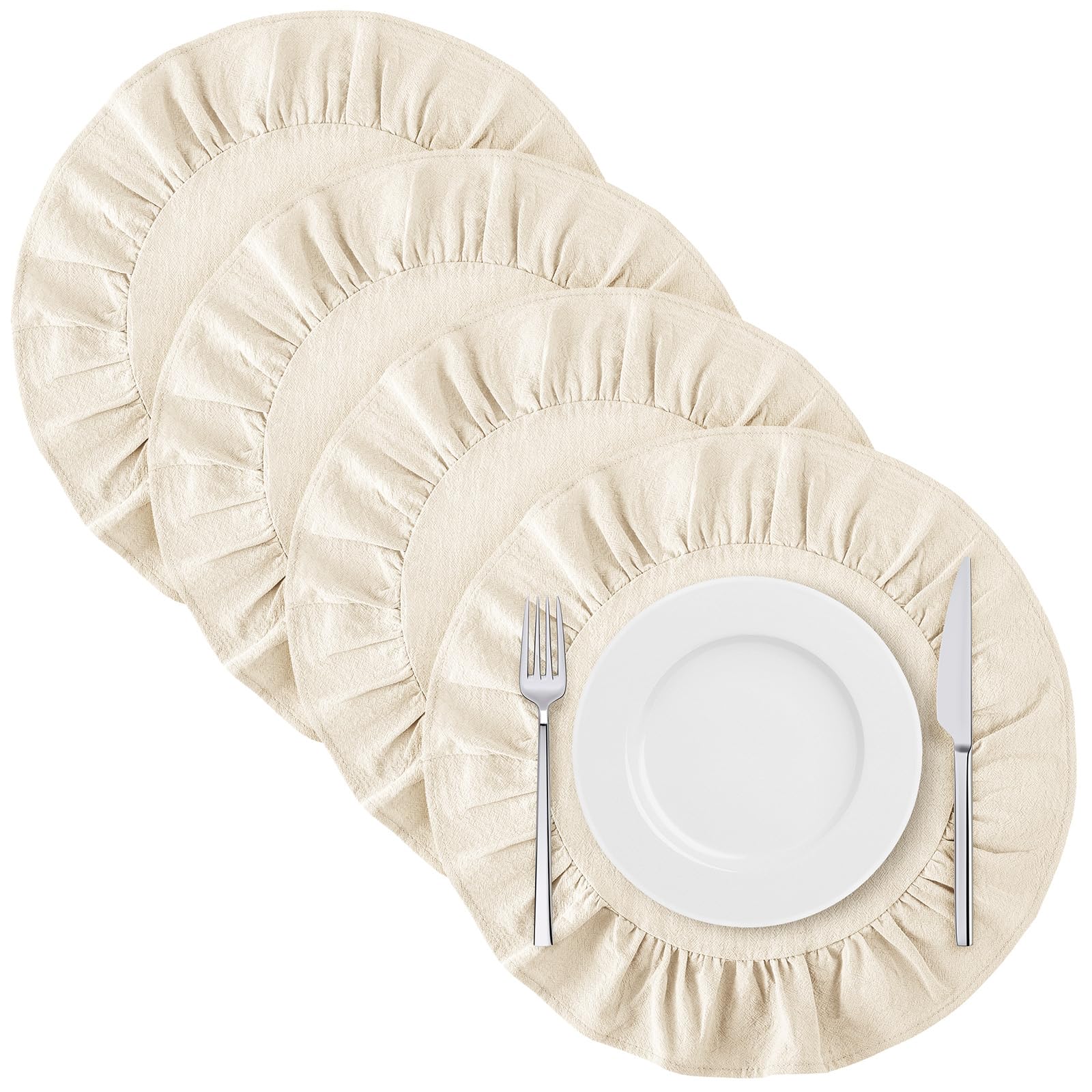 Photo 1 of Gandeer 4 Pcs 15 Inch 100% Cotton Scalloped Round Placemats, Thin White Place Mats with Ruffle, Washable Placemats Table Mats for Kitchen Dining Holiday Gatherings Decor
