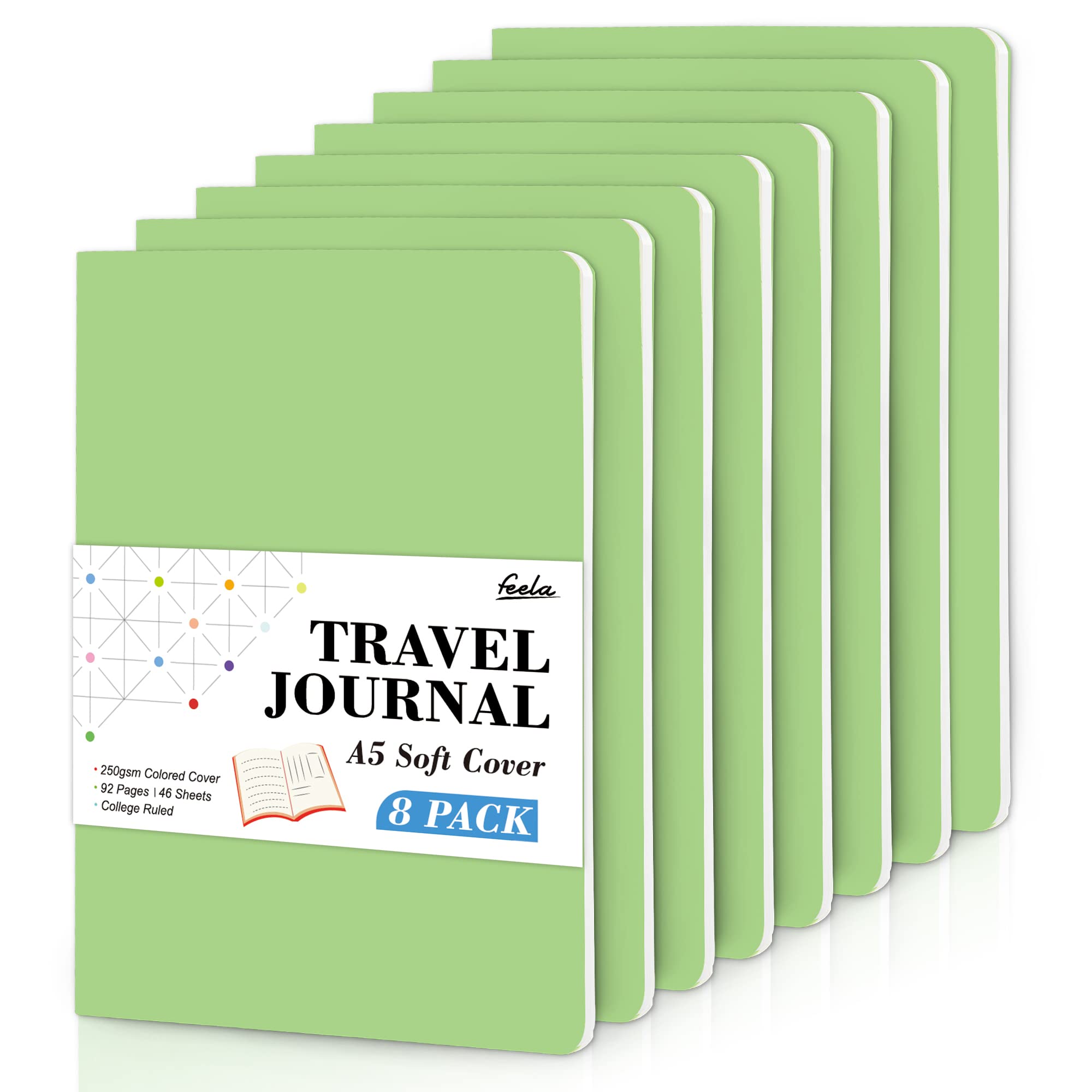 feela 8 Pack Soft Cover Notebooks A5 Lined Journal Notebooks College Ruled for Work, Lined Travel Journal for Women Men, Note Taking Study Notepad School Supplies Business Writing Note Books, Green