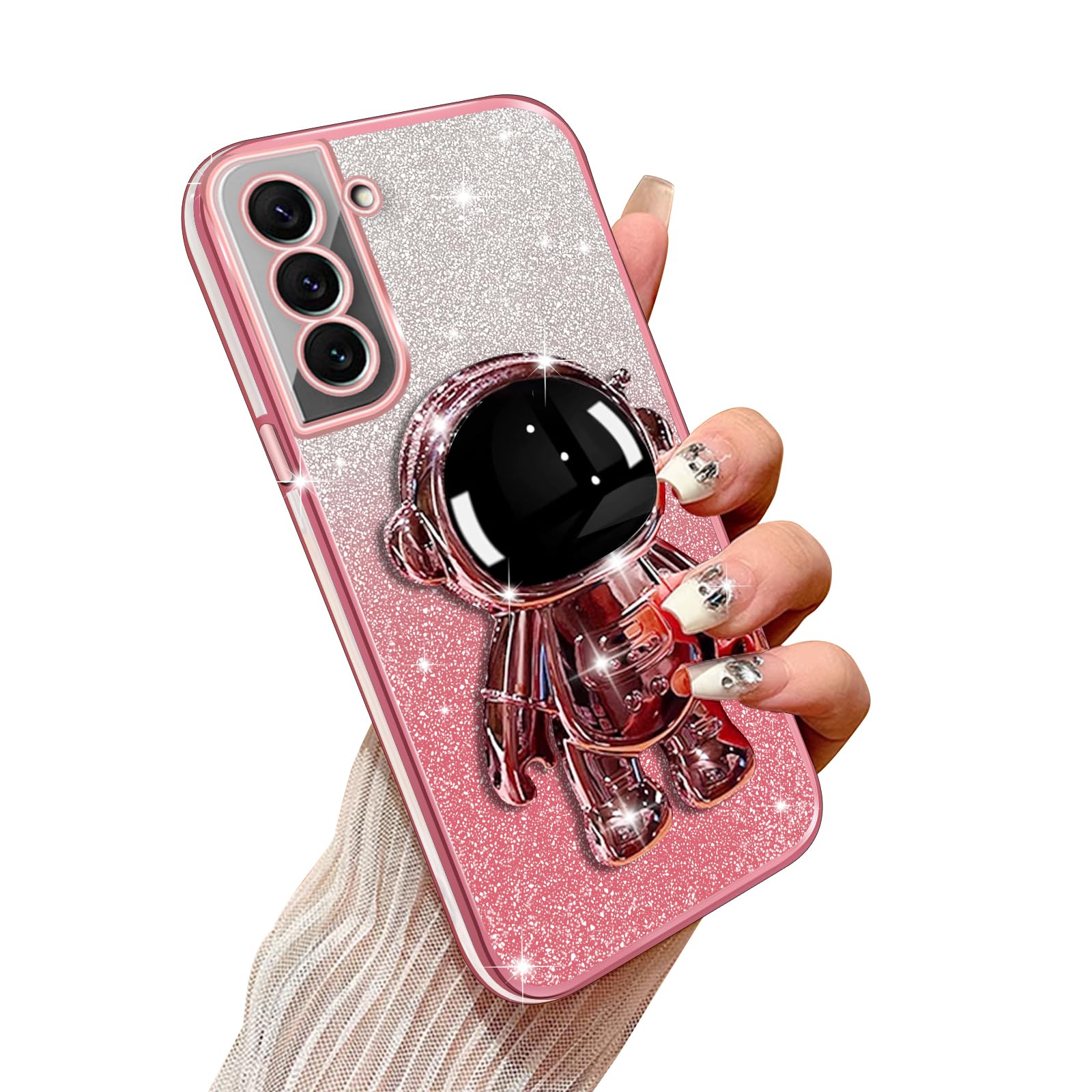 Annyojo Phone Case for Samsung Galaxy S22 Plus with Astronaut Kickstand and Lanyard Soft TPU Bling Clear Shockproof Protection Cover for Galaxy S22 Plus Case, Rose Gold