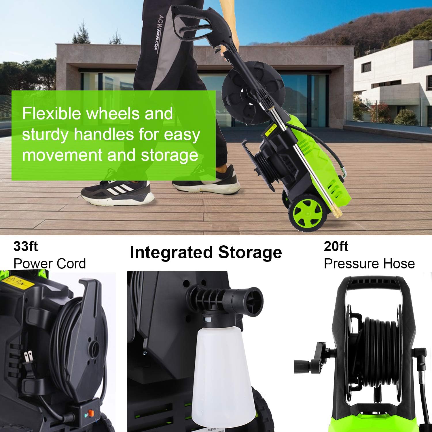 WHOLESUN 3000PSI Electric Pressure Washer 2.4GPM Power Washer 1600W High Pressure Cleaner Machine with 4 Nozzles Foam Cannon, Best for Cleaning Homes, Cars, Driveways, Patios (Green) : Garden & Outdoor