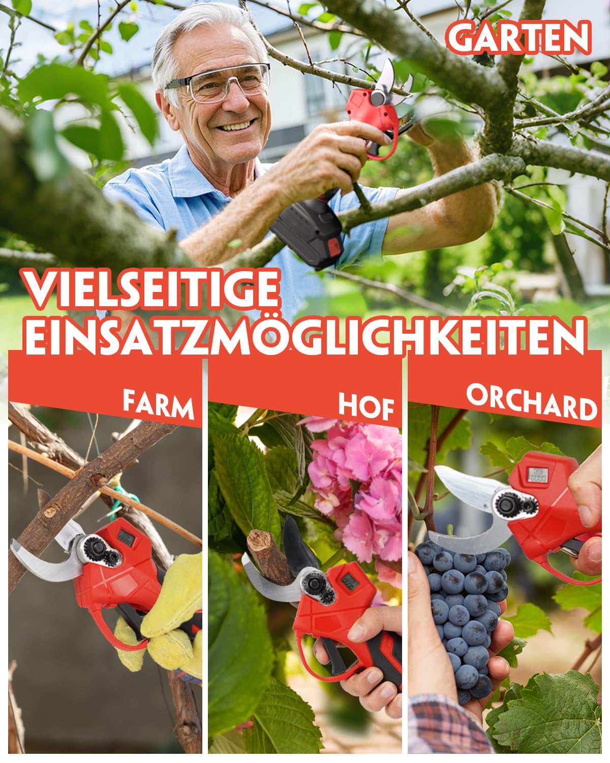 Akku Astschere, 30MM Gartenschere mit 2 Akku 2000mAh, 1000W Bürstenloser Motor Bypass Baumschere, Elektrisch Garten Schere mit LED-Schnittzählerm -Geschenke für Männer Papa Mama Frauen 8