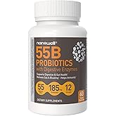NANOWELL 55B Probiotics with Digestive Enzymes for Immune Support & Gut Health - 55 Billion CFU, 12 Strain, 185 mg Prebiotic - Relieves Gas & Bloating - 60 Vegan Capsules, 60 Day Supply