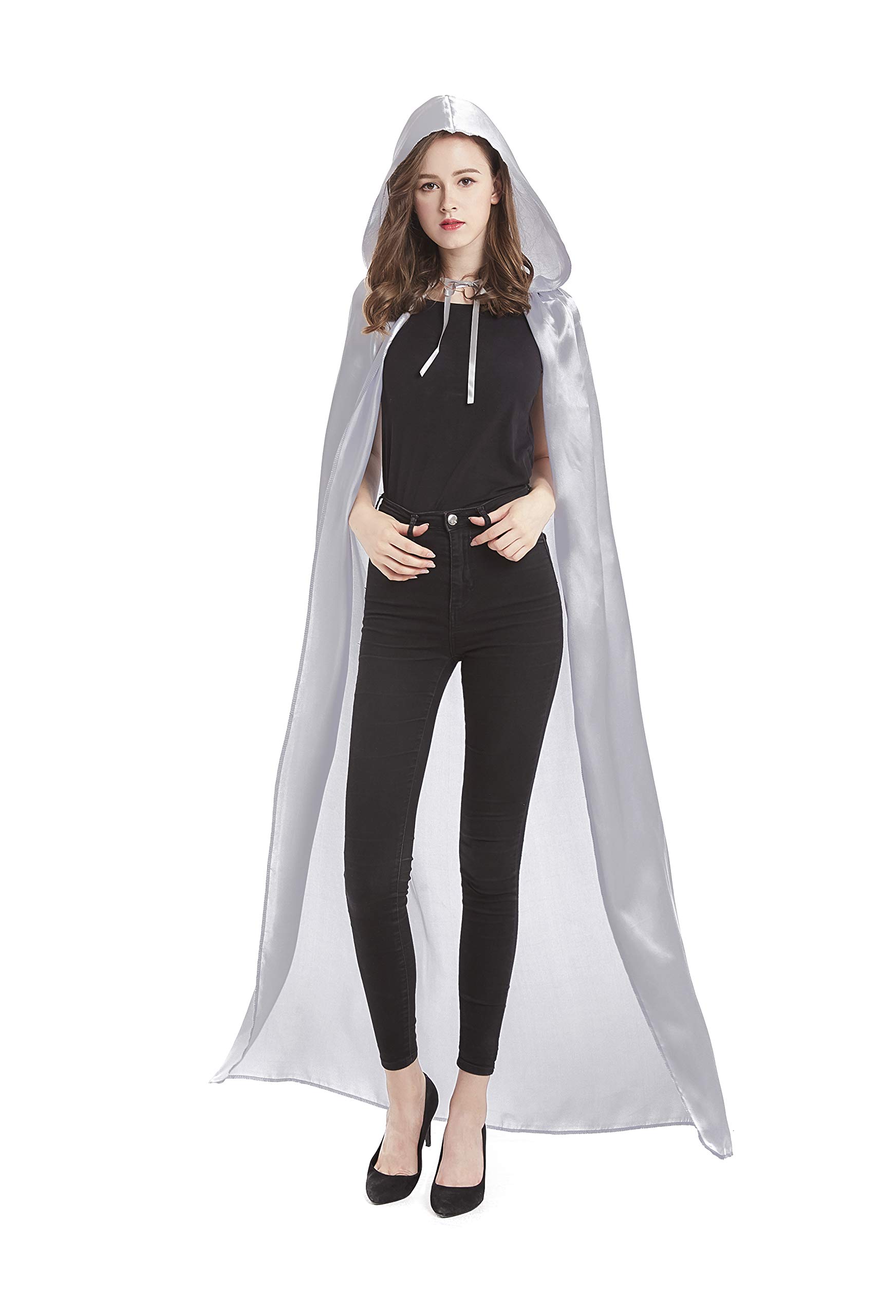 DIFLY 59-inch Satin Hooded Cape Unisex Halloween Cloak Devil Witch Wizard Halloween Christmas Cosplay (Silver)(Size: L)