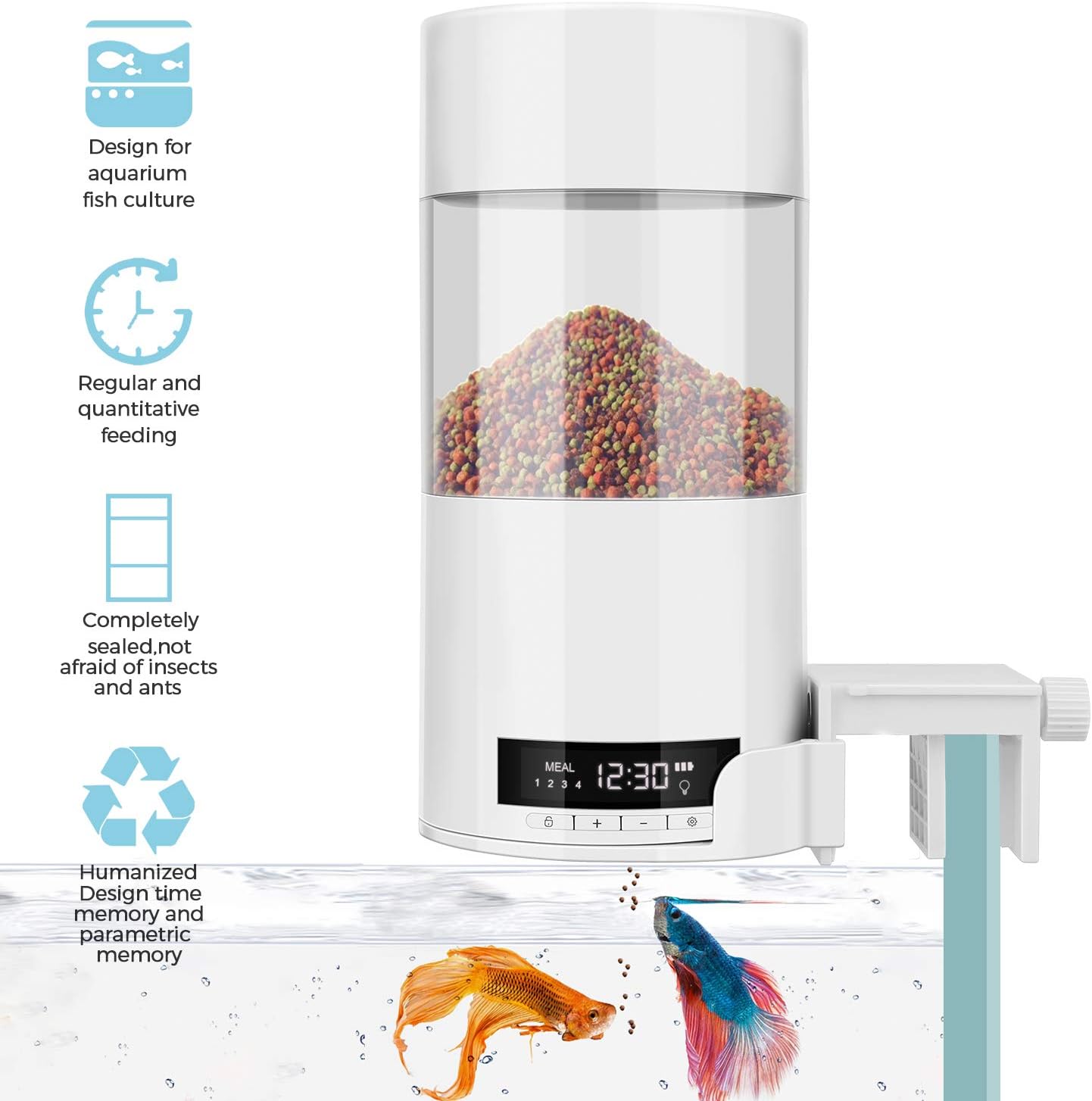 Keebgyy USB Automatic Fish Feeder with LCD Display, Vacation Holiday Auto Fish Food Dispenser Timer for Home Fish Tank or Aquarium