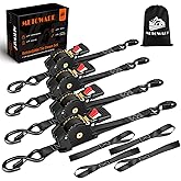 METOWARE Retractable Ratchet Straps (4-Pack) - 1" x 10' (1500lb Break Strength) - Heavy Duty Auto Self Retracting Tie Down Straps for Truck, Trailer, Cargo Van, Motorcycle - Black