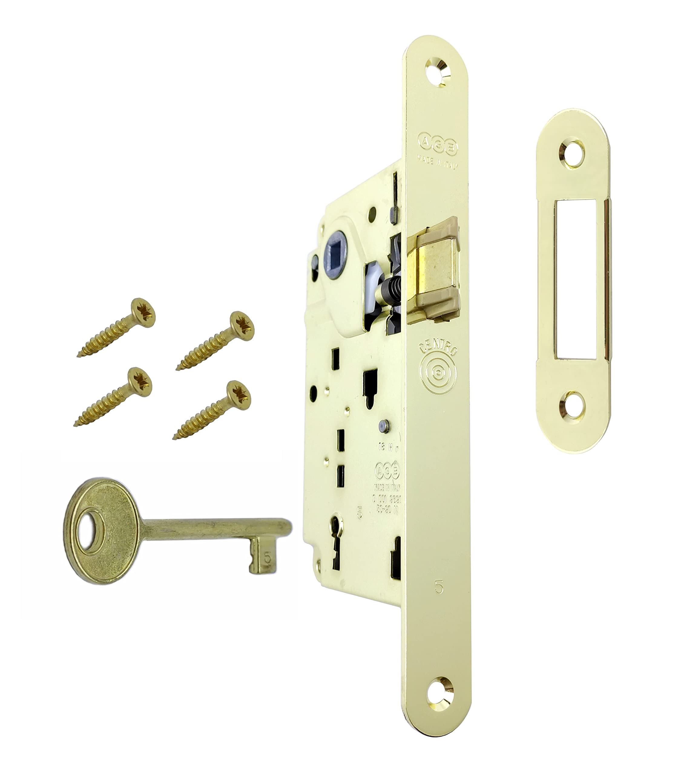 AGB - Center Series Internal Door Lock (Fr. 22x196, In. 90, En. 50, Qu. 8., Key Latch, Painted Brass)