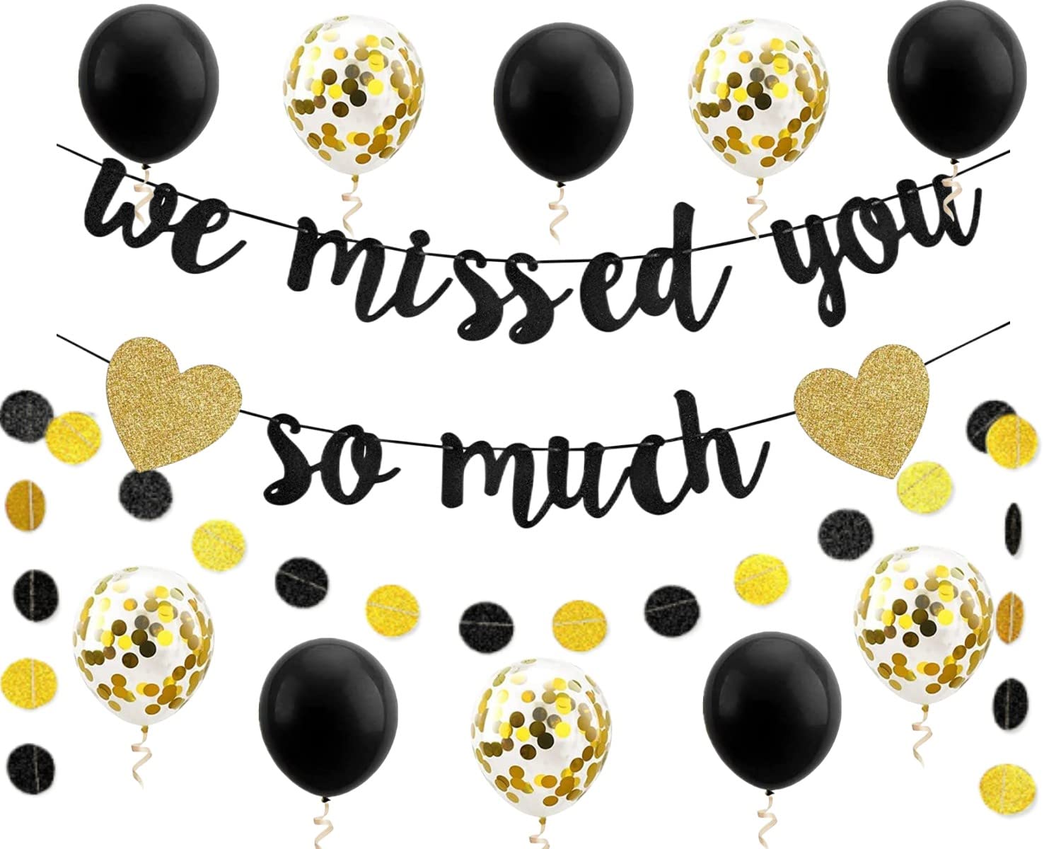 Glitter We Missed You So Much Banner+2m Paper Circle Dots Hanging Garland Kit+10pcs Balloons Paper Banner Bunting Patriotic Returning Back Decorations Party Decorations Photobooth Backdrop — image 1