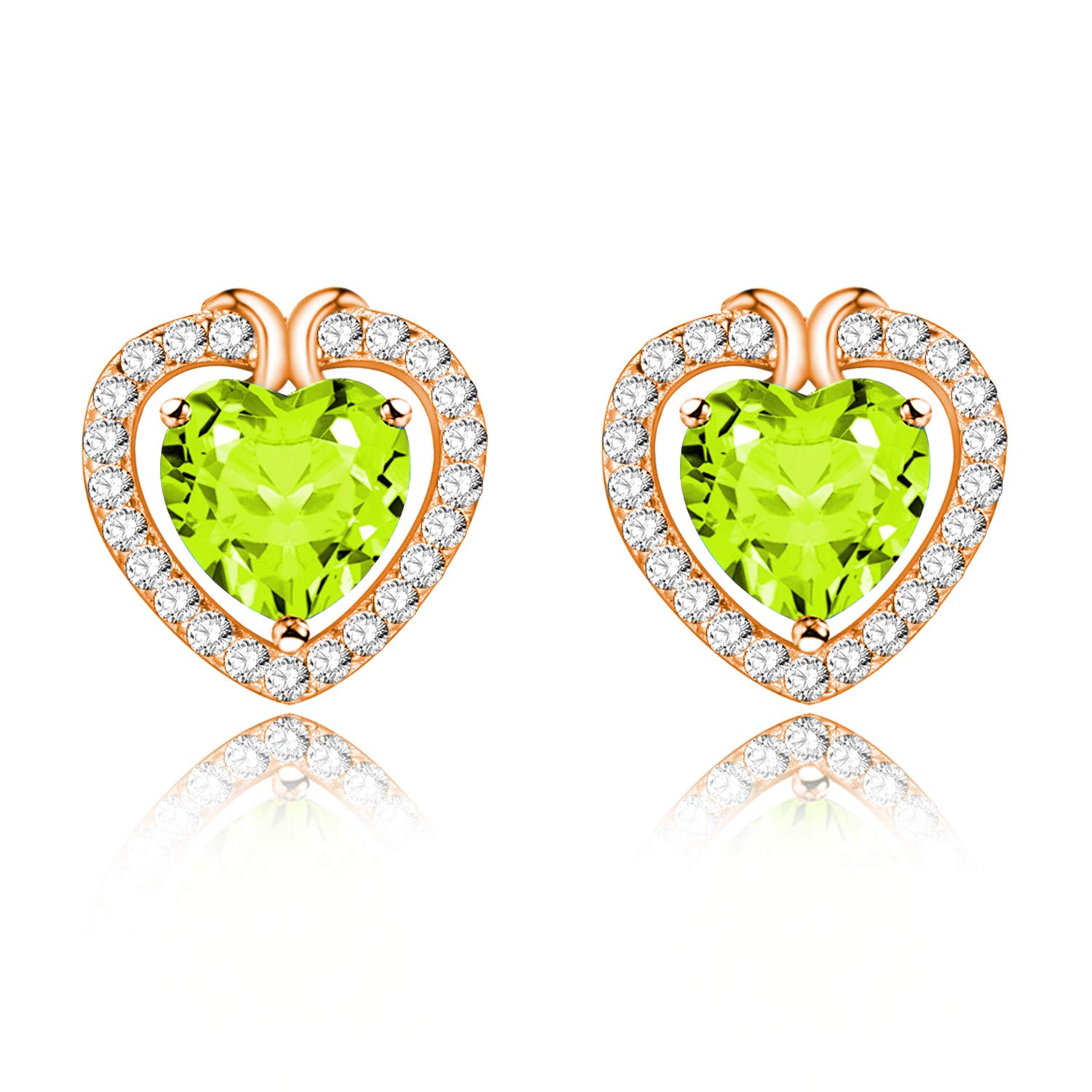 Uloveido Women 925 Sterling Silver Heart Studs Earrings Rose Gold Plated for Girls, 0.75CT Heart Peridot Green Stone Studs Earrings for Girls Women FR040