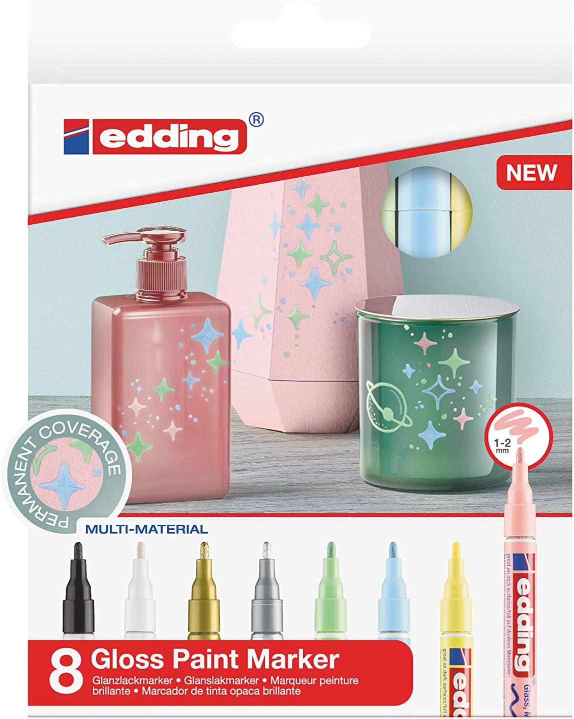 edding 751 gloss paint marker set, multi-coloured metallic, pastel, 8 pens, round nib 1-2 mm, paint pen for glass pebbles - Image 3