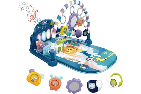 dearlomum Baby Play Mat Gym, Funny Play Piano Tummy Time Activity Mat with 5 Infant Sensory Toys, Music and Lights Boy & Girl