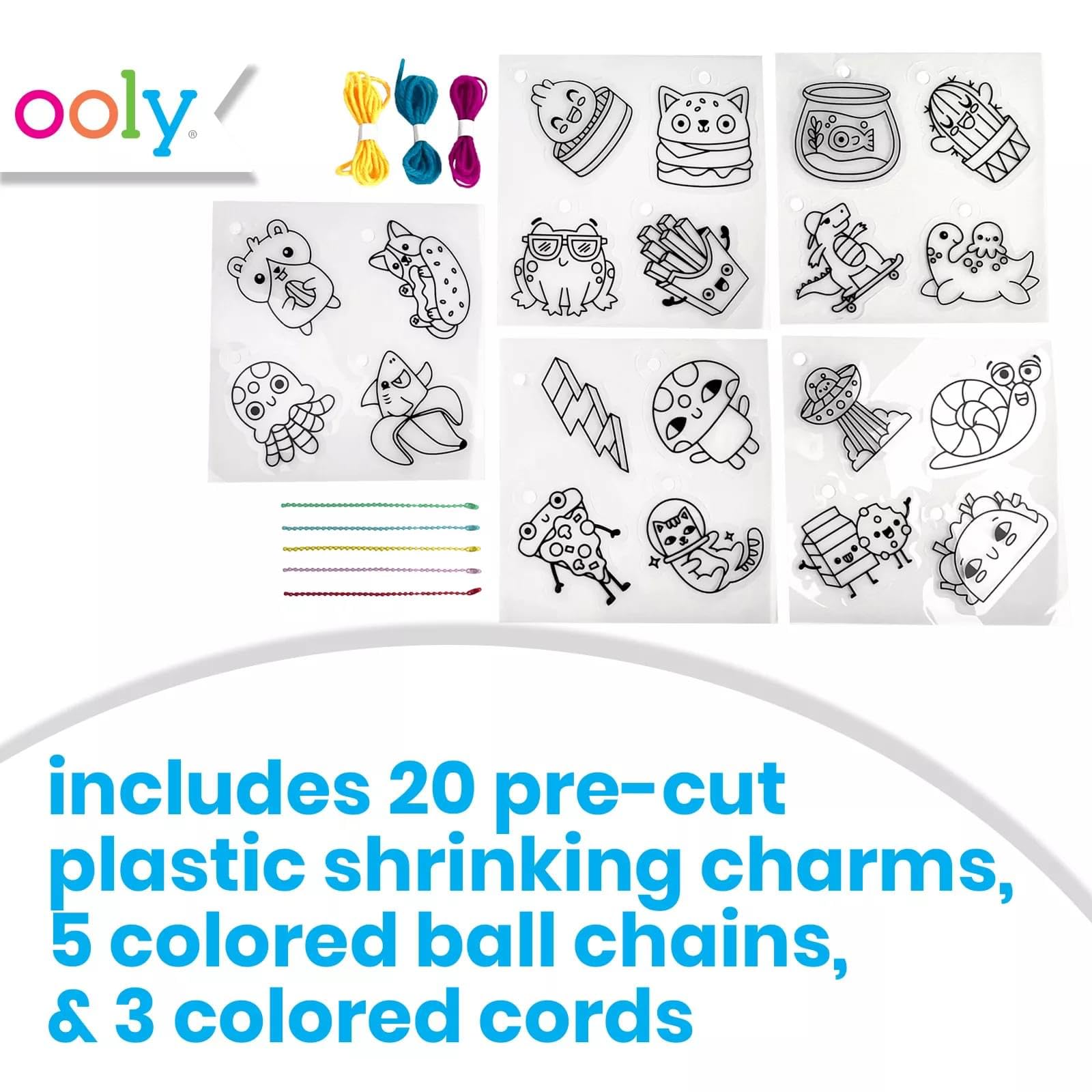 Ooly 28 PC DIY Shrinking Art Kit for Kids, 20 Plastic Pre Cut Charms and More, No Mess Creative Activity Jewelry Making Kit - Fun Friends