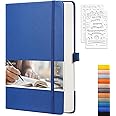 EMSHOI Dotted Journal - 256 Pages Bullet Dotted Notebook, 120gsm Thick Paper Dot Grid Notebook, A5 Hardcover Leather Journal with Stencils, 16 Perforated Pages, Pen Loop, Inner Pocket, 5.75" x 8.38"