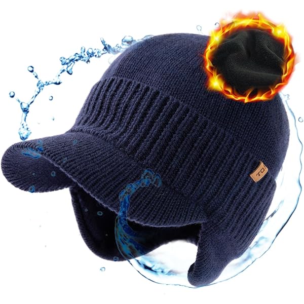Men & Women Blue Beanie with Brim and Ear Flaps Fleece-Lined Hat DryKnit™ x Polartec® Waterproof Merino Wool Beanie with Ear  main image 3