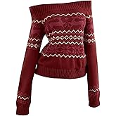 SweatyRocks Women's Geo Print Off The Shoulder Christmas Sweater Casual Long Sleeve Knit Pullover Tops