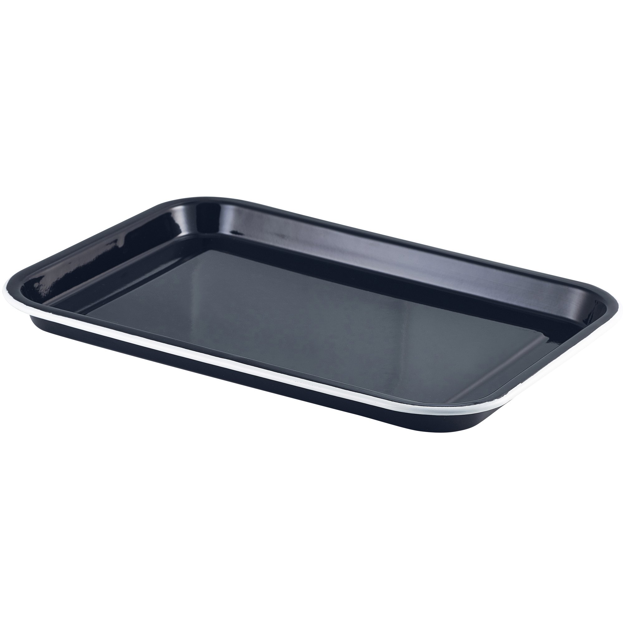 Genware 942933BK White Rim Enamel Serving Tray, Black, 335mm Length, 235mm Depth, 22mm Height