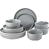 Gibson Home Dempsey Road 12-Piece Stoneware Dinnerware Set – Service for 4, Round Grey Plates and Bowls, Durable Solid Color Modern Embossed Dish Set, Microwave & Dishwasher Safe