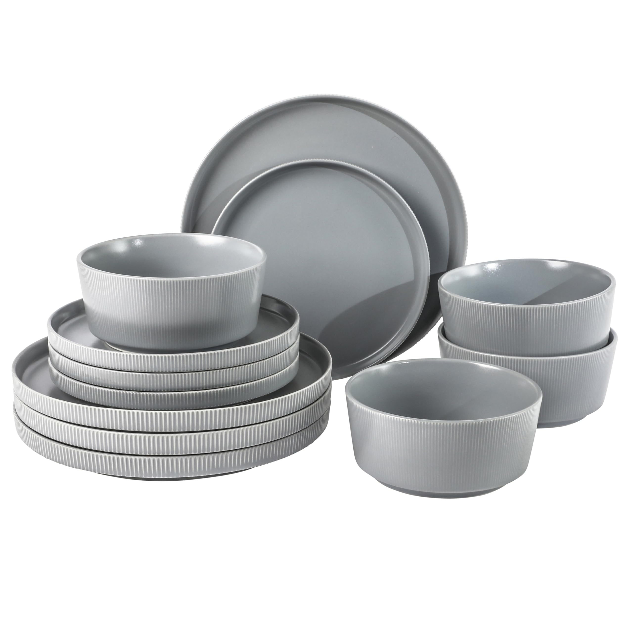 Gibson Home Dempsey Road 12-Piece Stoneware Dinnerware Set – Service for 4, Round Grey Plates and Bowls, Durable Solid Color Modern Embossed Dish Set, Microwave & Dishwasher Safe Image