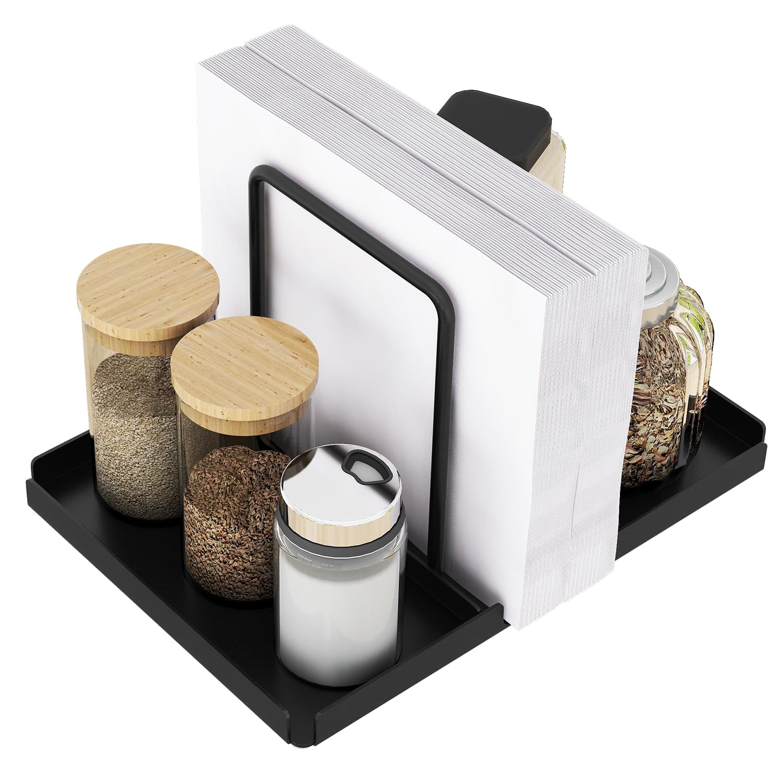 Photo 1 of Audmore Napkin Holder for Table, Metal Napkin Holder with Salt and Pepper Shakers Caddy, Standing Paper Napkin Storage for Kitchen Dining Table Decor, Black