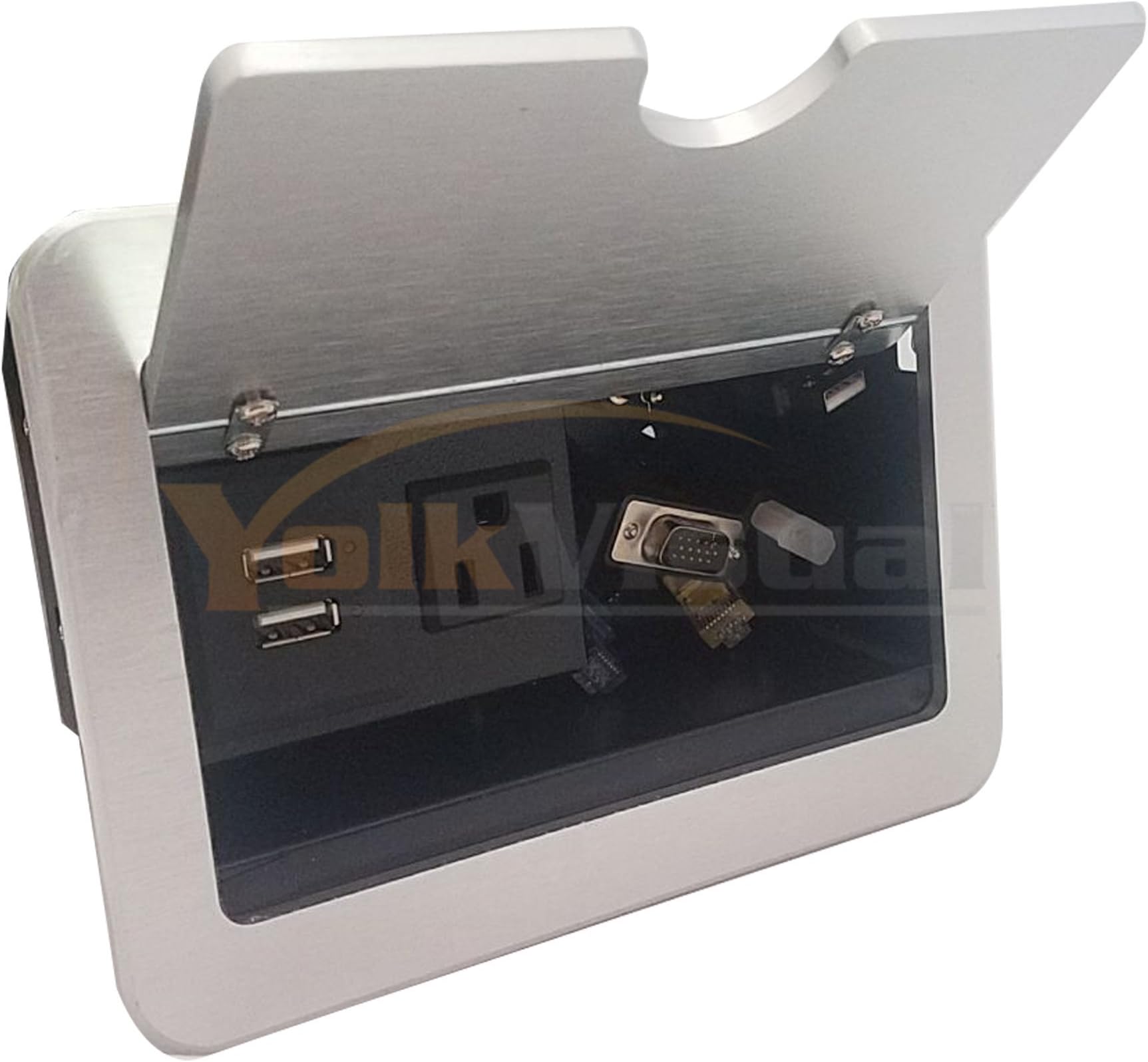 Yolkvisual Conference Table Connectivity Box 1 x AC PWR (US) + 2 US B Charger + 1USB(M/M) + 1 VGA + 1 HDMI + 2 RJ45(CAT6) + 1 Audio3.5mm, with 1.8M Cables Silver