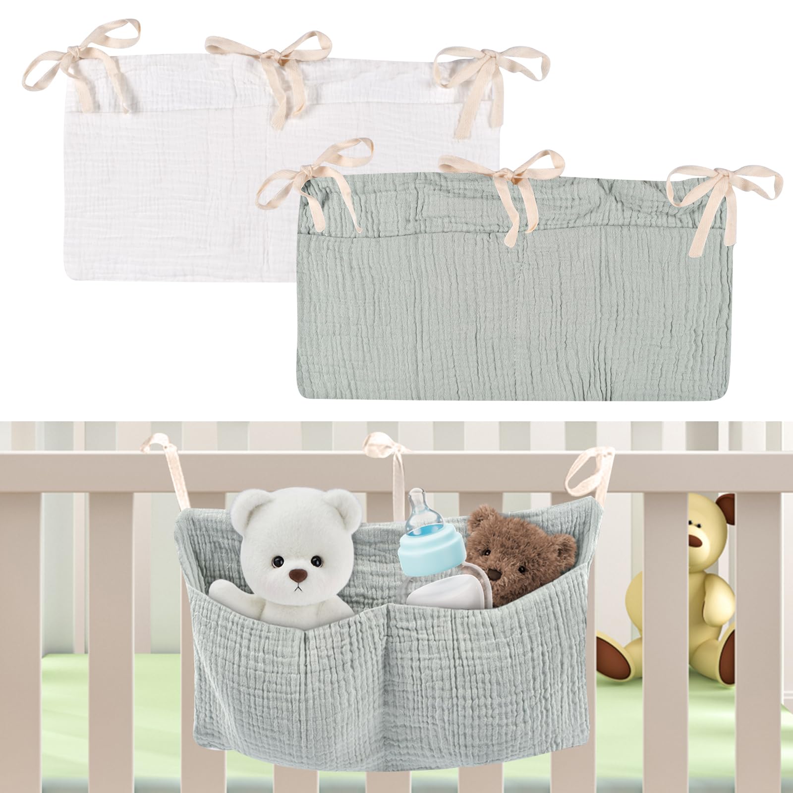 PiliStar Baby Crib Cabin Bedside, Crib Storage Pocket, Hanging Storage Bag, 100% Cotton, 2 Pockets Bedside Hanging, Diaper Nursery Organizer for Clothing Diapers Drool Bibs Molar Toys