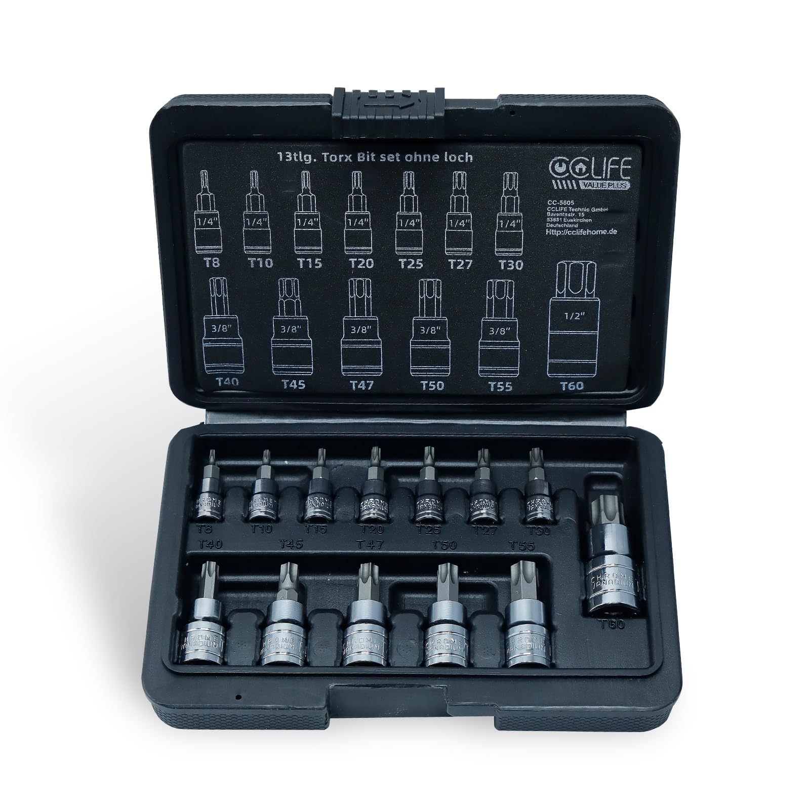 CCLIFE 13 Piece Torx Socket Set T8 T60 for Torque Wrench and Drill, S2 Alloy Steel