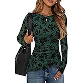 ZESICA Womens Floral Long Sleeve Shirts 2026 Spring Boat Neck Mesh Ruched Tops Fitted Asymmetrical Going Out Blouses