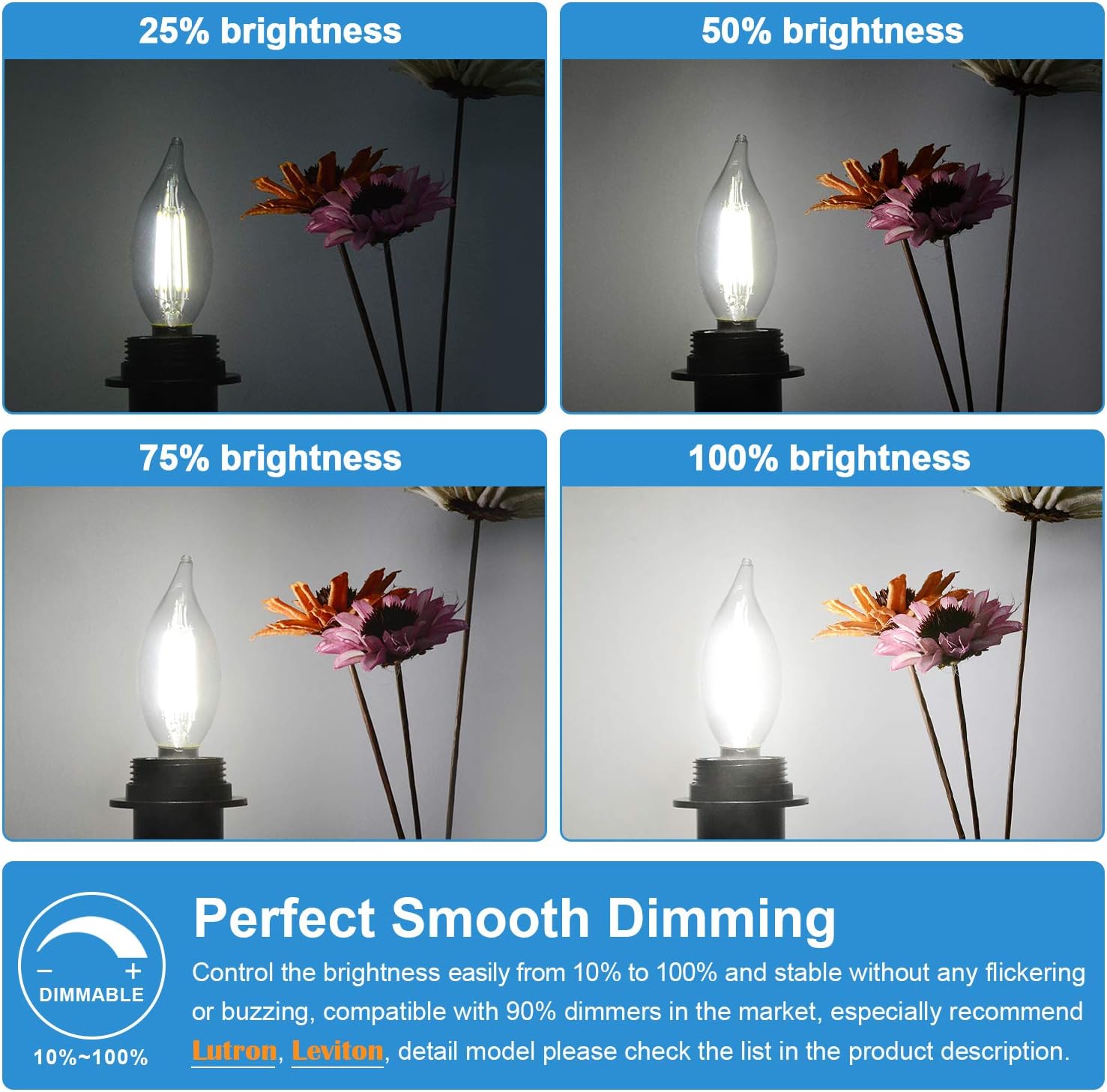 Dimmable E12 Candelabra LED Bulbs 60 Watt Equivalent, 5000K Daylight White, Clear Filament LED Chandelier Light Bulbs 6W, 600lm, CA11 Vintage Ceiling Fan Light Bulb with Flame Tip, 12-Pack - - 