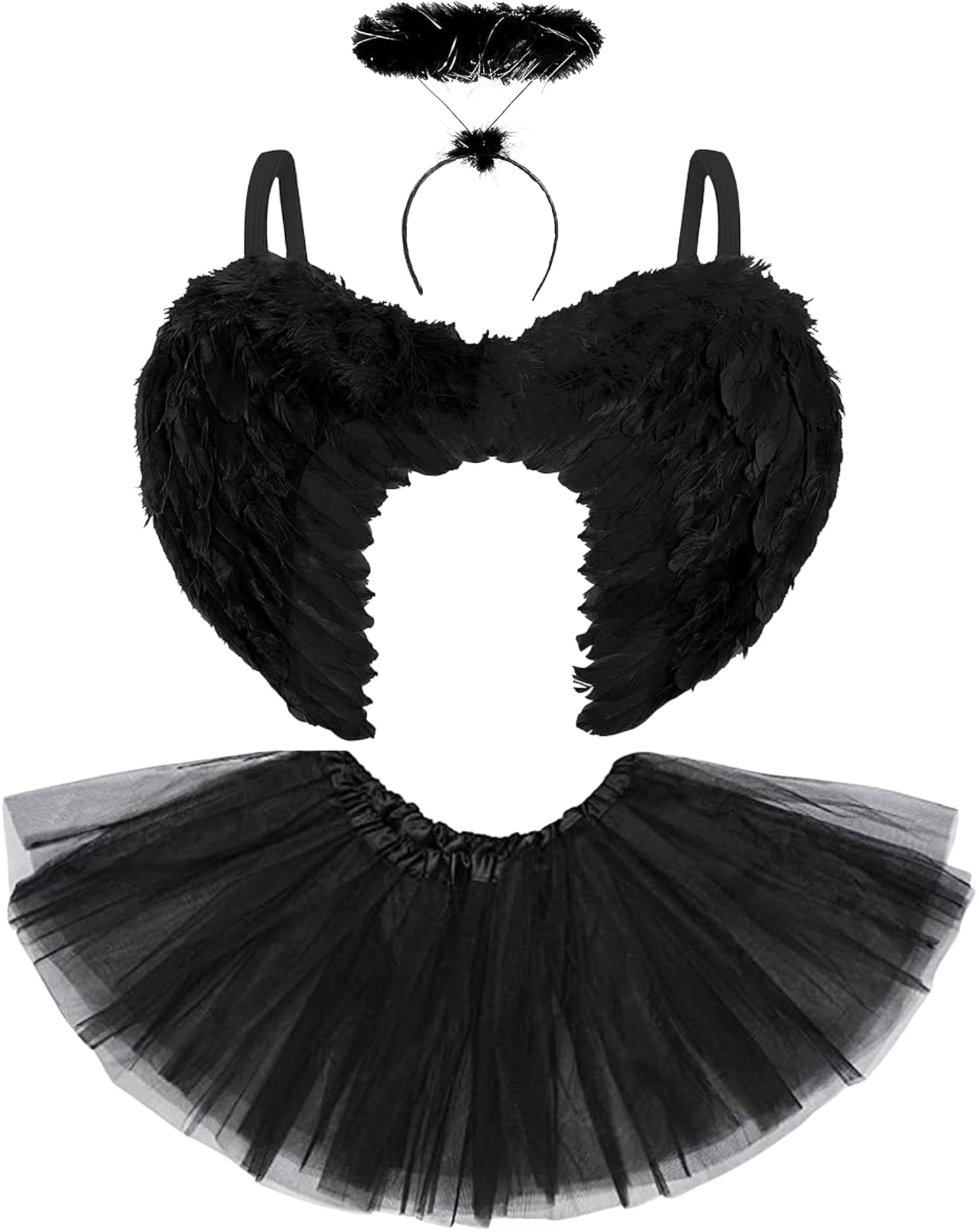 Dark Angel Costume Womens Halloween Outfit - Fallen Black Angel Wings and Halo with Tutu Halloween Costumes for Women - Dark Fairy Black Wings and Halo Adult Fancy Dress Accessories