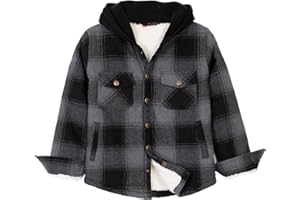 ZENTHACE Kids Boys Girls Sherpa Lined Flannel Shacket Jacket,Hooded Plaid Snap Shirt,Fall Winter Playwear