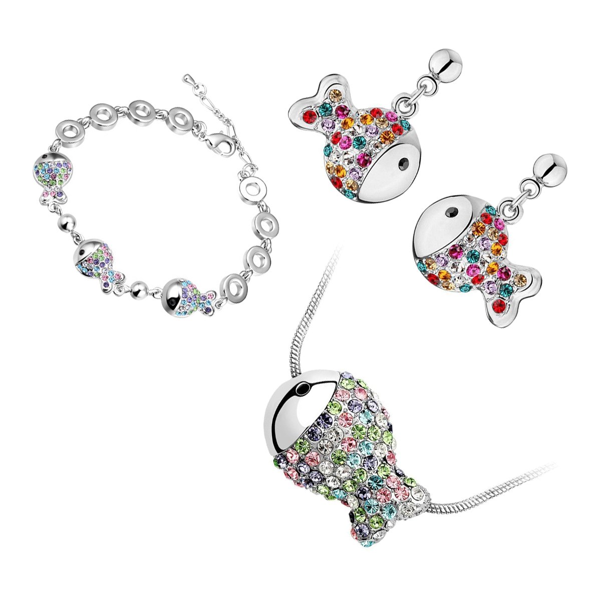 GWG Jewellery Set 18K White Gold Coated Pendant Necklace, Earrings, and Chain Bracelet of Fishes Covered with Multicolor Crystals in Gift Box for Women