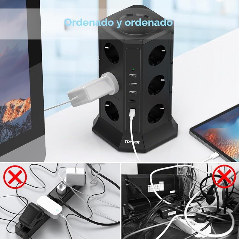 Regletas Enchufes Vertical con 2 Interruptor, 12 Schuko, 2 USB C y 3 USB A, 4000W/16A, Regleta Torre Enchufe con Cable 2M, Regleta Enchufes Proteccion Sobretension, Negro — foto 6 de 7