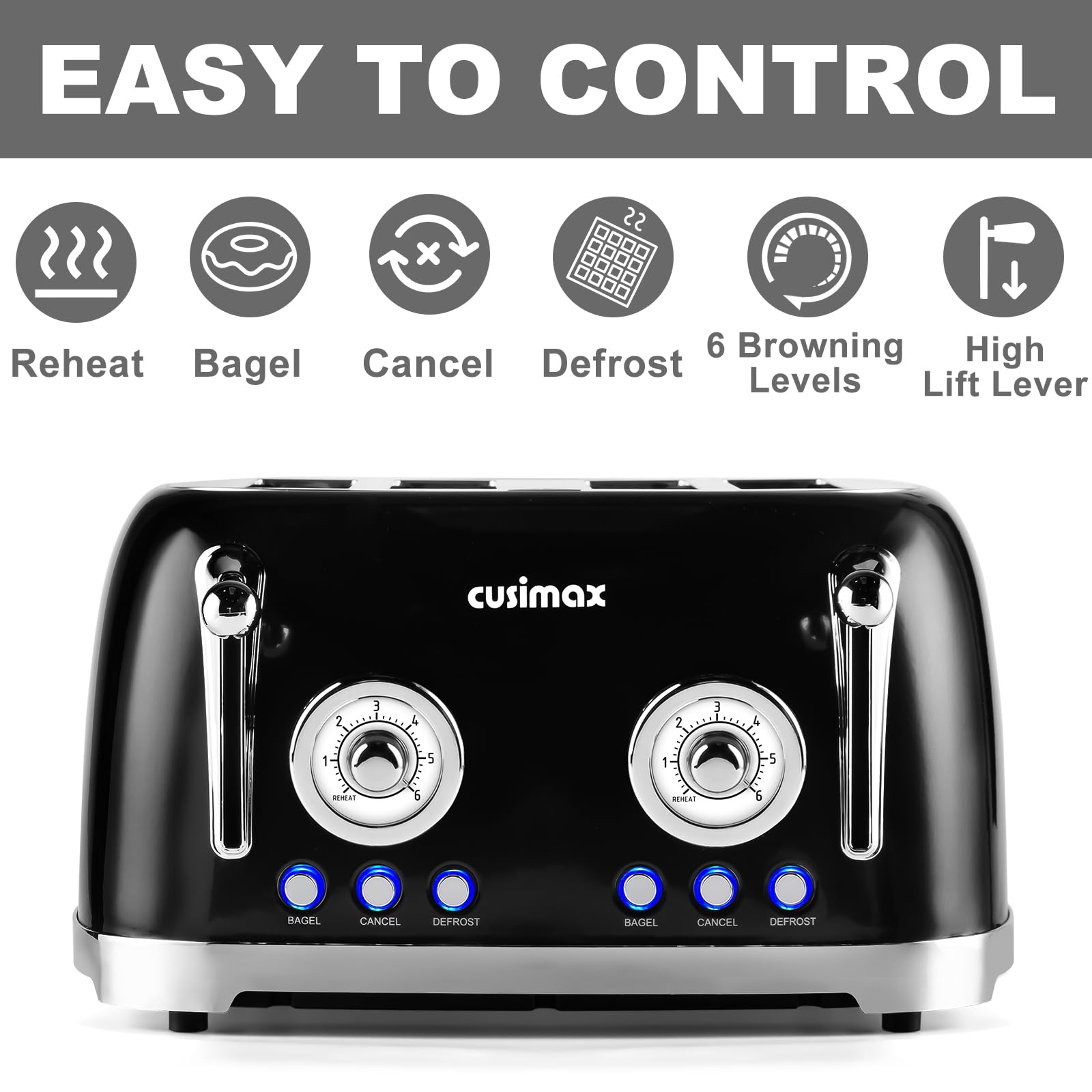 CUSIMAX Tostadora de 4 rebanadas, Tostadora retro con ranuras anchas para bagels, Tostadora de acero inoxidable con 6 configuraciones de tostado, Bagel, Cancelar, Descongelar y Recalentar, Paneles de control duales independientes, Negro