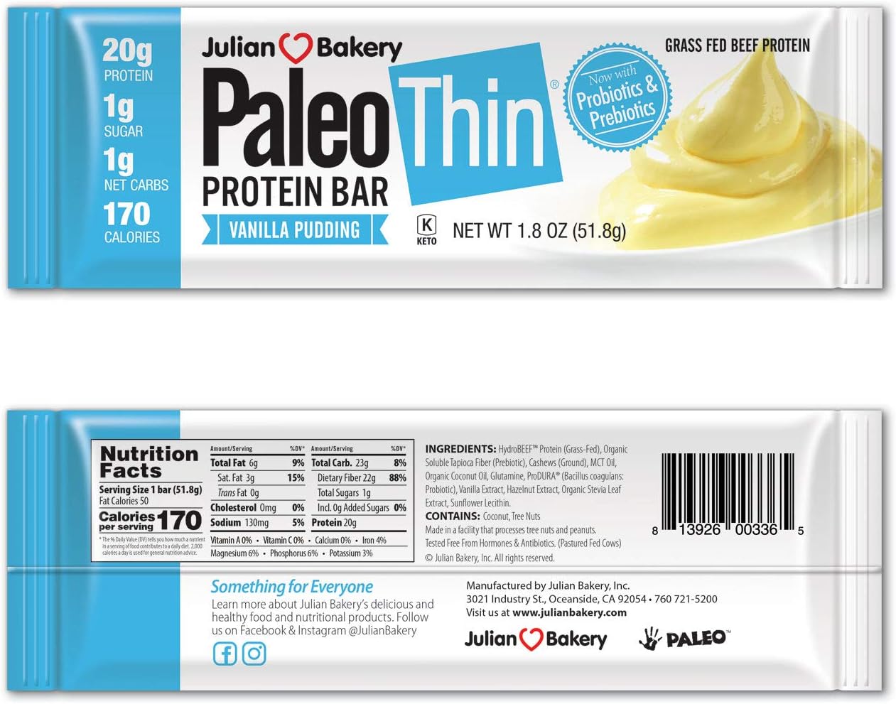 Julian Bakery Paleo Thin Protein Bar | Vanilla Pudding | Grass-Fed Beef | 20g Protein | 1 Net Carb | 12 Bars
