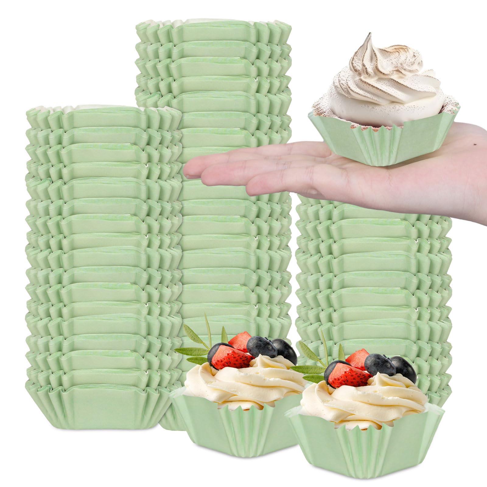 Photo 1 of Whaline 500Pcs Sage Green Mini Square Cupcake Liners Disposable Paper Baking Cups Wedding Cupcake Wrappers Holders for Bridal Baby Shower Birthday Party Decor