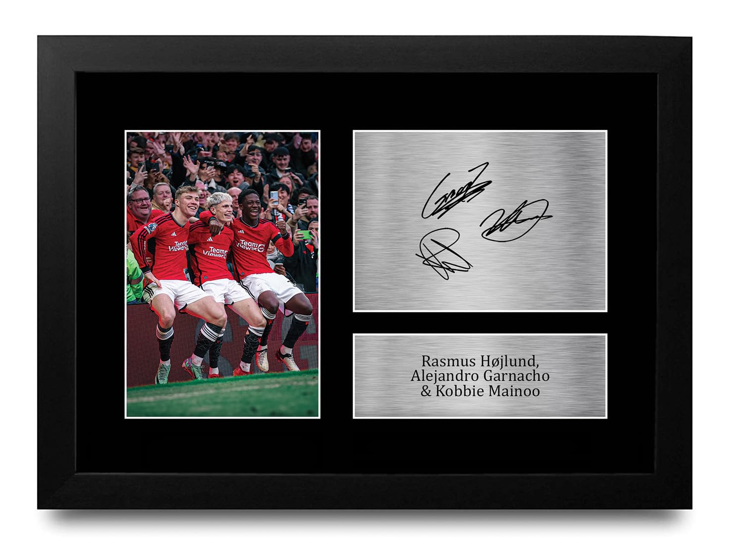 HWC Trading Hojlund, Garnacho and Mainoo Gifts Printed Signed Autograph Picture for Football Fans and Supporters - A4 Framed