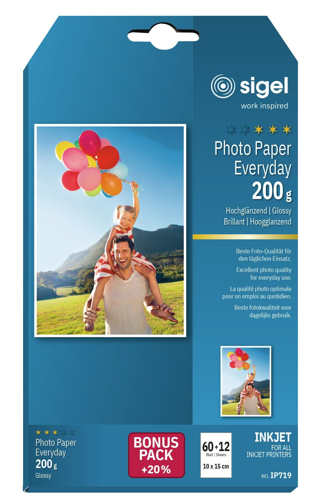 SIGEL IP719 Everyday Photo Paper, InkJet, glossy, 200 gsm, 10 x 15 cm, 60 + 12 sheets for free — image 1